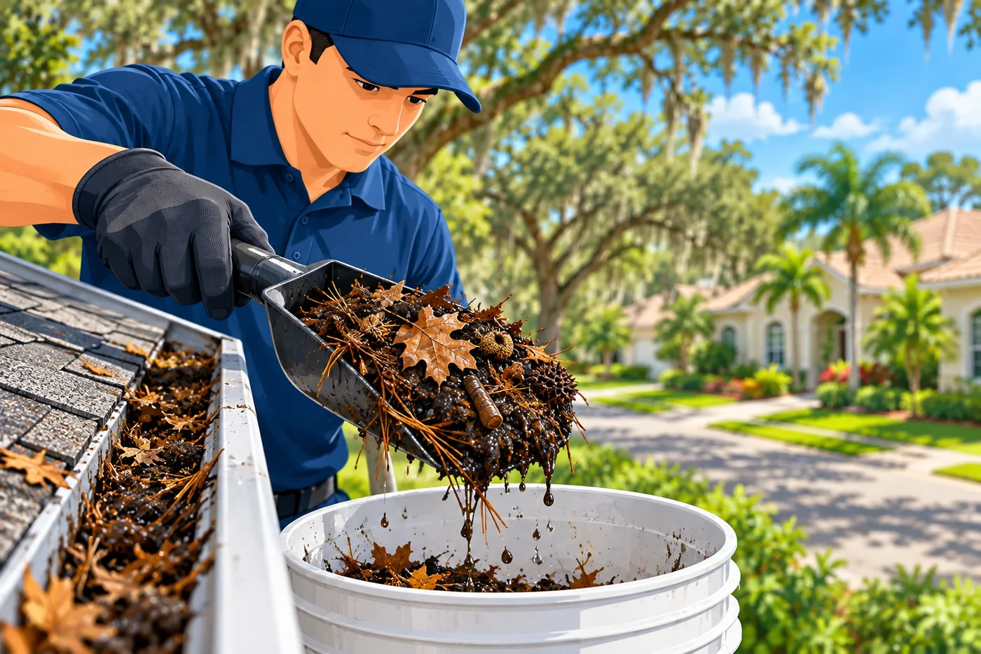 Illustration: gutter debris and cleaning at a Florida home near Seminole County