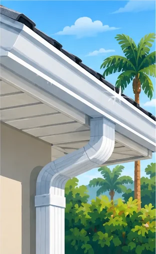 Illustration: a clean white gutter and downspout under a sunny sky with palm trees